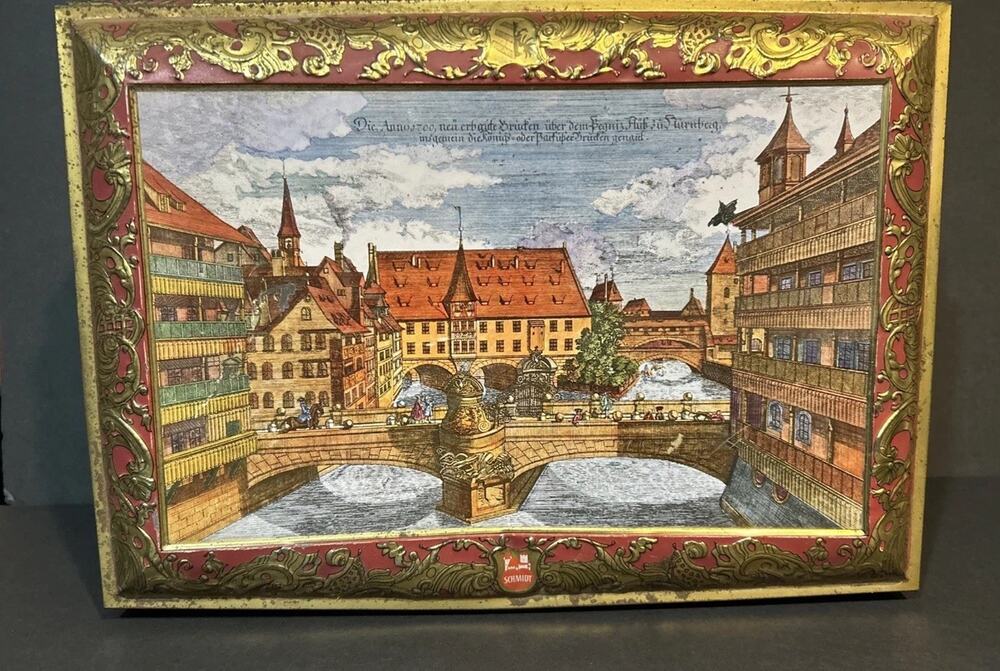 Vintage 1988 Large Nuremberg Schmidt Made InWest Germany Embossed Hinged Tin Box